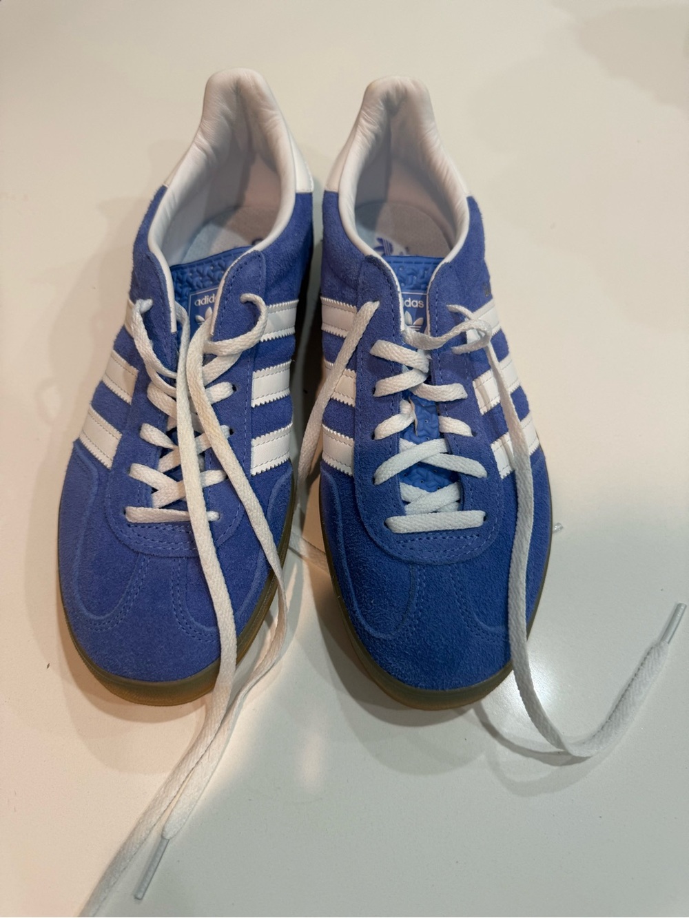 adidas Men’s Blue Suede Sneakers with White Stripes, never worn, cleaning closet